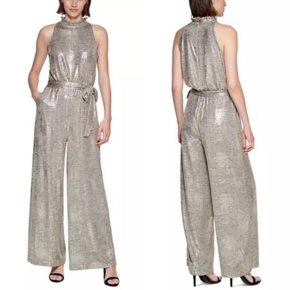 Vince Camuto Pants - Vince Camuto Silver Ruffle Mock Neck Sleeveless Jumpsuit Wide Leg Belted 6